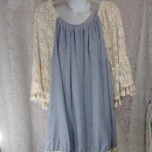 Denim  Blue Summer Flowing Dress Beach Cover-up Crochet Trim Leisurewear NWOT